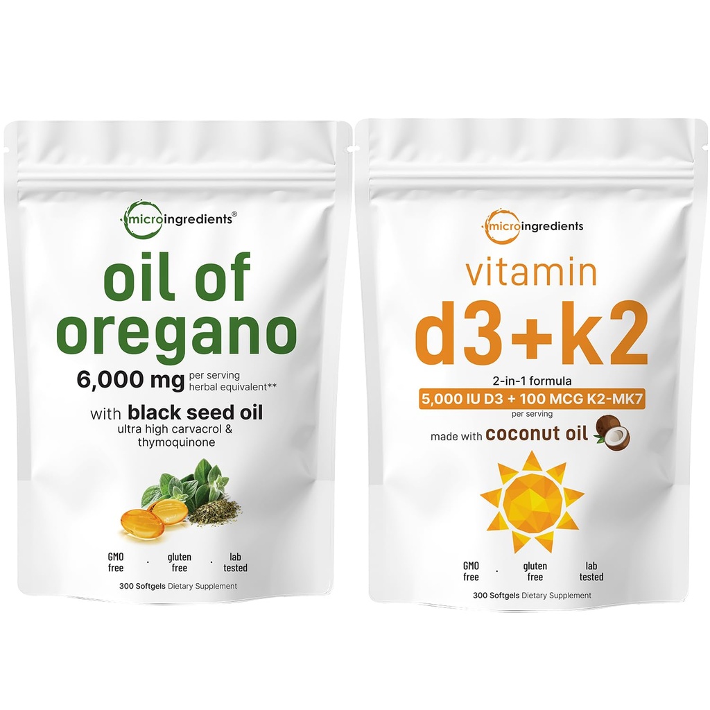 Micro Ingredients Oil of Oregano Softgels 6,000mg Per Serving & Vitamin D3 5000 IU Plus K2 (MK-7) 100 mcg, 300 Virgin Coconut Oil Softgels Bundle Pack | 4X Strength Carvacrol & Thymoquinon | Essential