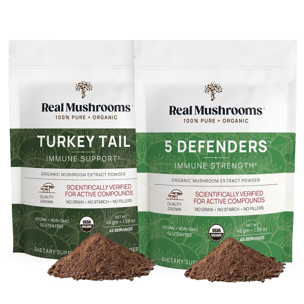 Real Mushrooms Turkey Tail (45g) and 5 Defenders (45g) Mushroom Extract Powder Bundle - Mushroom Supplement for Immune Strength - Vegan, Non-GMO Immunity Supplement