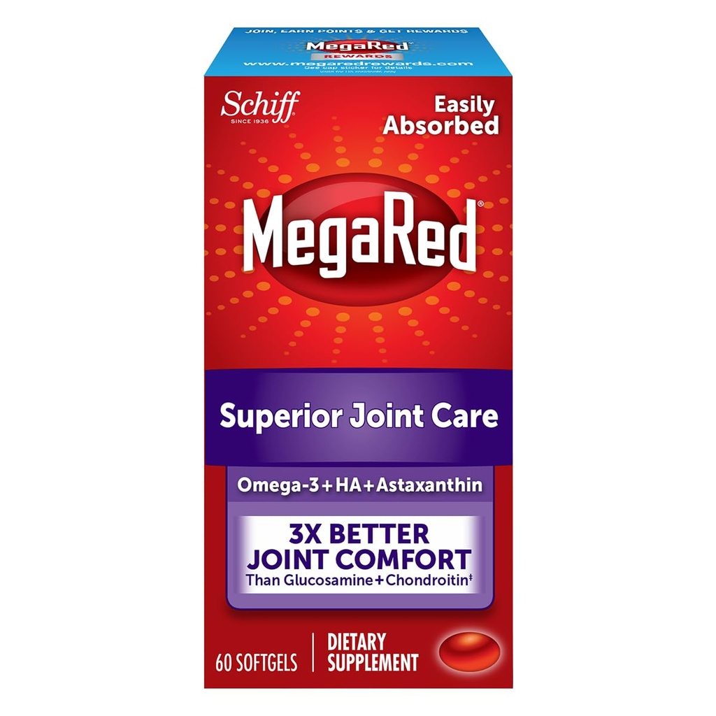 MegaRed 353mg Omega-3 Krill Oil Joint Care Supplement with EPA/DHA Fatty Acids, Antioxidants, Hyaluronic Acid, No Fishy Burp Aftertaste as with Fish Oil, 60 Count Softgels