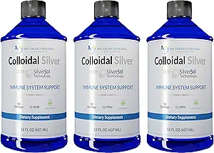 Colloidal Silver Liquid - 12 PPM Premium Silver Solution, 60 MCG Per Serving, All Natural, Vegan Immune System Support, Ionic Silver Water Daily Mineral Supplement (3-16 Fl oz Bottles)