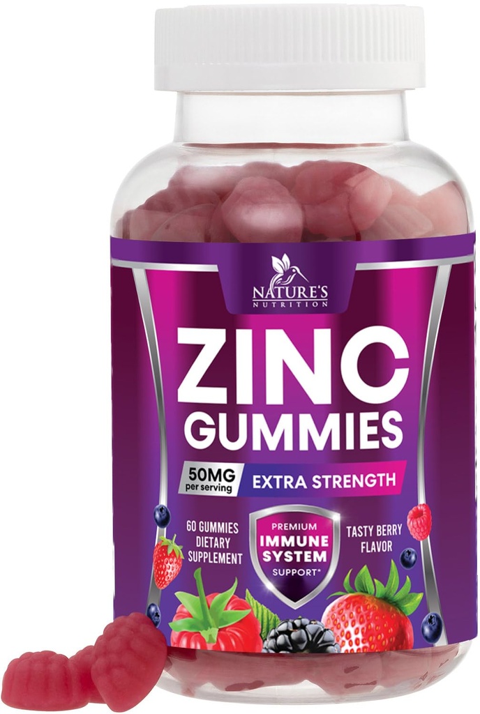 Zinc Gummies - 50mg Zinc Per Serving Immune Skin & Bone Support Health Gummy - Premium Antioxidant Chewable, High Absorption Vegan, Best Supplements Vitamin for Adults, Tasty Berry Flavor, 60 Gummies