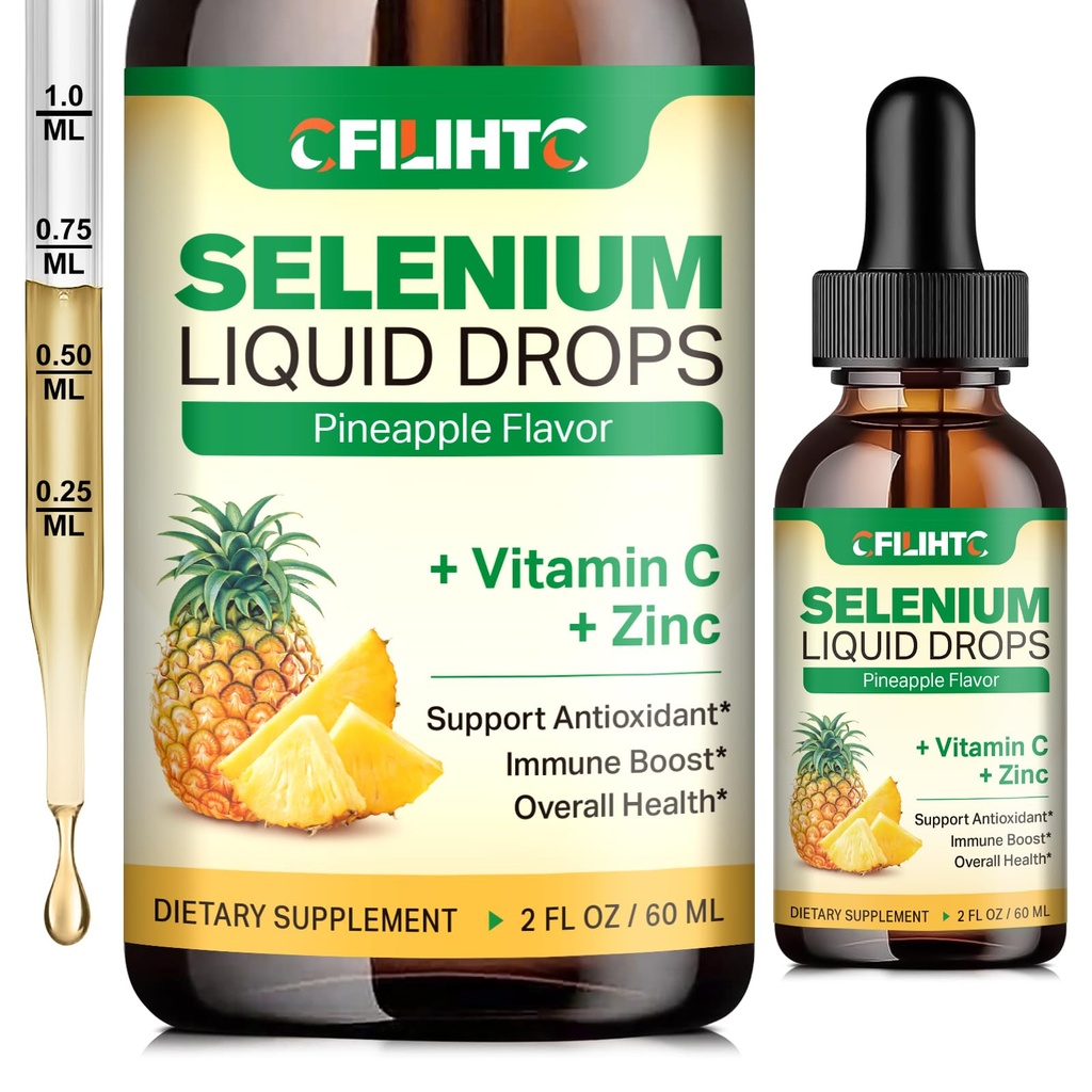 Selenium Liquid Drops, 200mcg Liquid Selenium Supplement with Vitamin C & Zinc, Support for Immune System, Antioxidant & Heart Health, High Absorption, Pineapple Flavor, 2 Fl Oz