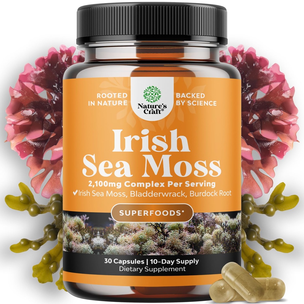 Irish Sea Moss Capsules - Sea Moss and Bladderwrack Capsules with Burdock Root Superfood Blend for Immune Support Heart Health Fertility Joint Health and Thyroid Support for Women and Men - 30 Count