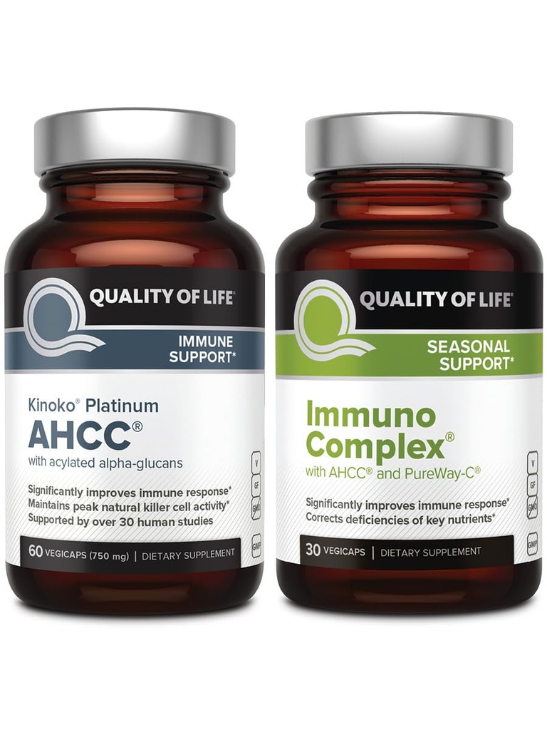 Quality of Life AHCC Kinoko Platinum Mushroom Extract and Immuno Complex Featuring Vitamin C - Ultimate Immune Support Bundle