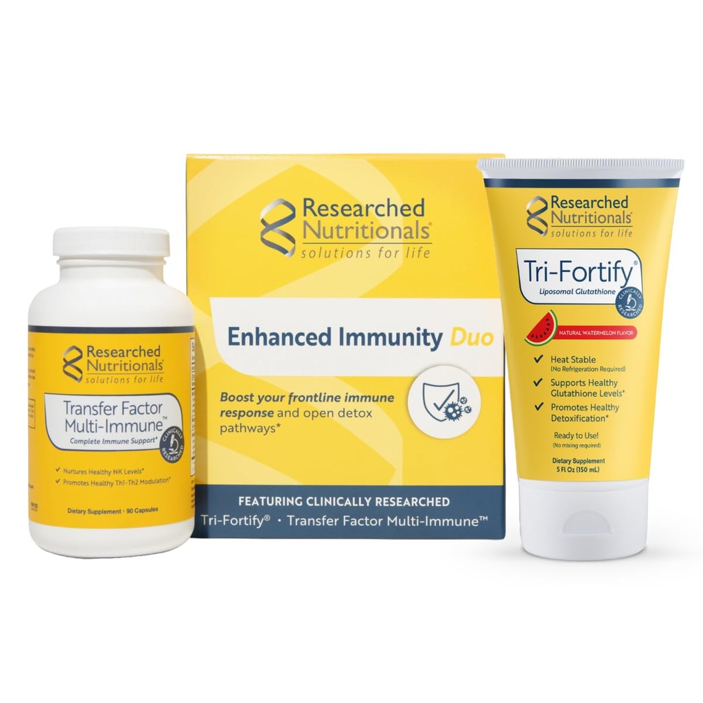 Researched Nutritionals Liposomal Glutathione (450mg) + Colostrum & Mushrooms Supplement for Immunity - Enhanced Immunity Duo - Tri-Fortify Watermelon + Transfer Factor Multi-Immune (2 Piece Set)