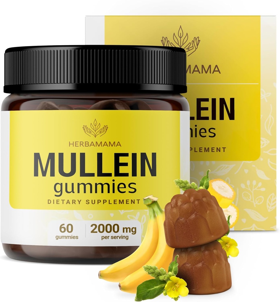 HERBAMAMA Mullein Gummies for Lungs - 2000mg Mullein Leaf for Lung Detox & Cleanse - Vegan, Non-GMO, Respiratory Support Supplement - 60 Pectin-Based Banana-Flavored Chews