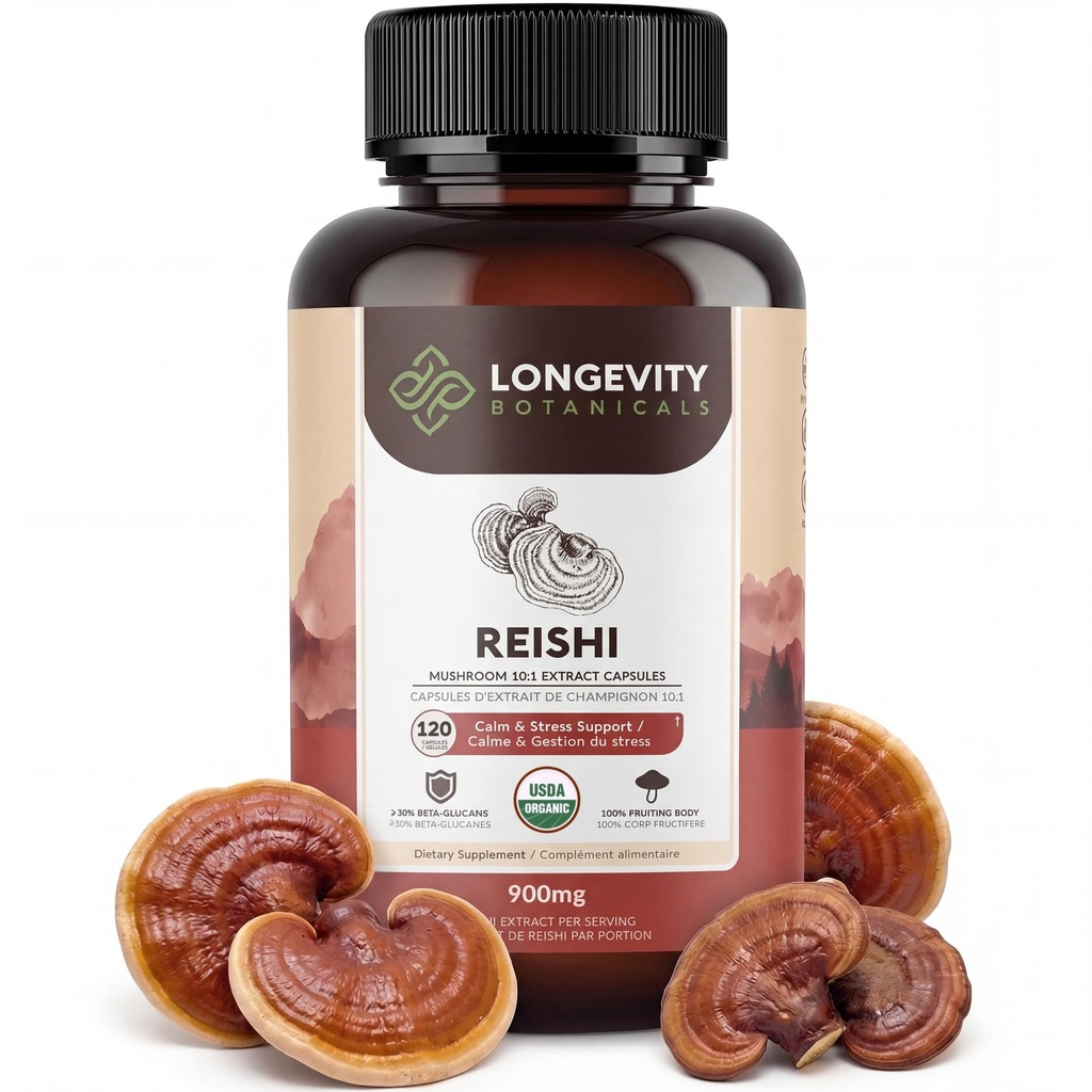 Longevity Botanicals Organic Reishi Mushroom Capsules Supplement Extract 120ct | Ganoderma Lucidum Fruiting Body | ≥30% Beta-D-Glucans | 40 Servings of 900mg | Supports Stress & Immune Wellness