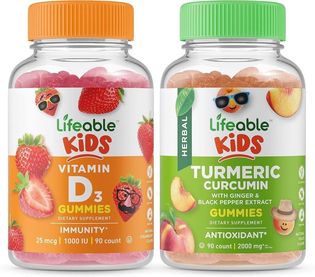 Lifeable Vitamin D Kids + Turmeric Curcumin Kids, Gummies Bundle - Great Tasting, Vitamin Supplement, Gluten Free, GMO Free, Chewable Gummy