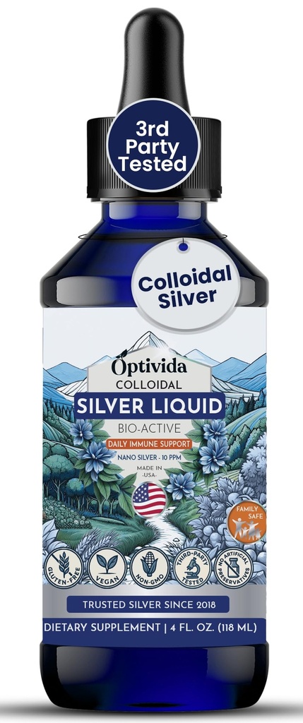 Optivida Colloidal Silver Liquid - 10 PPM Liquid Silver Immune Support, Pure Nano Silver Hydrosol Liquid for Family Wellness - Natural Silver Water for Adults & Kids, Non-GMO, 3rd Party Tested - 4 Oz