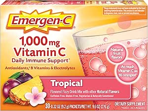 Emergen-C 1000mg Vitamin C Powder, with Antioxidants, B Vitamins and Electrolytes, Vitamin C Supplements for Immune Support, Caffeine Free Fizzy Drink Mix, Tropical Flavor - 30 Count/1 Month Supply