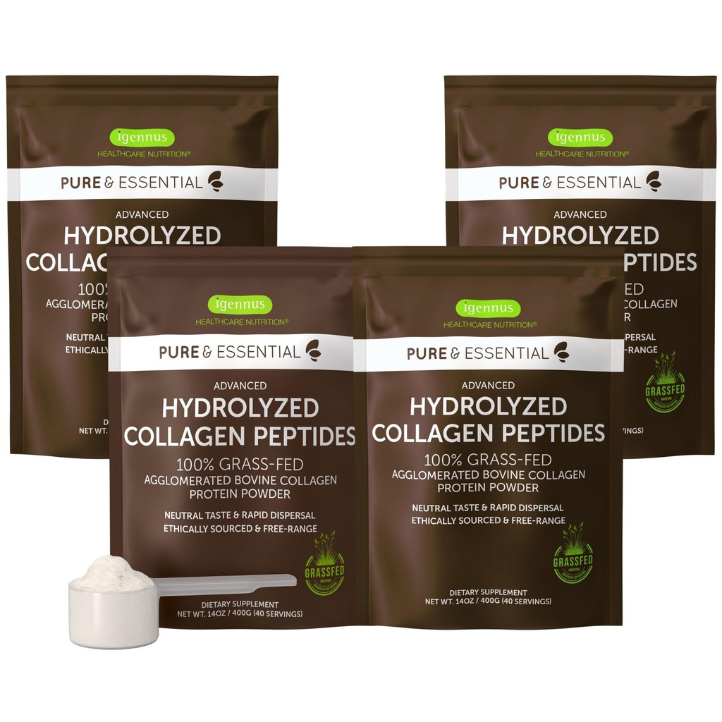 Igennus Free Range Grass Fed Hydrolyzed Bovine Collagen Peptides, Neutral Taste, 100% Highest Grade Bovine Collagen Protein Powder, Types 1, 2 & 3, Clean Label, Non-GMO, Free Range,4 x 40 Servings