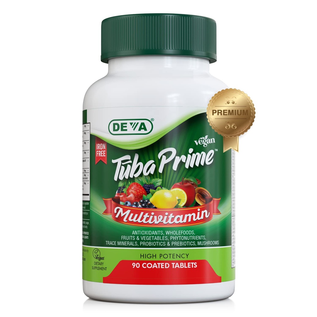 DEVA Tuba Prime Vegan Multivitamin Iron-Free - High-Potency Vitamin & Mineral Dietary Supplement - Antioxidants, Fruit & Vegetable Blend, Super Mushrooms, Probiotics, Prebiotics, Seeds, Herbs 90 Tabs