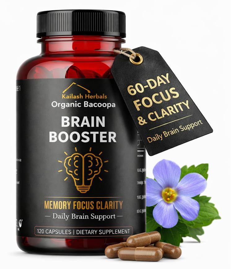 Kailash Herbals Bacopa, Organic Brain Booster, Nootropic Brain Supplement, Bacopa Monnieri/Brahmi, for Mental Sharpness, Focus, Memory, and Cognitive Wellness, 120 Capsules 500mg, 2 Month Supply