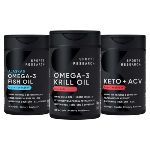 Sports Research Triple Strength Omega-3 Fish Oil, Antarctic Krill Oil + Phospholipids, Choline & Astaxanthin Mini-Softgels, Keto Plus ACV 500mg of Apple Cider Vinegar & 1500mg goBHB Exogenous Ketones