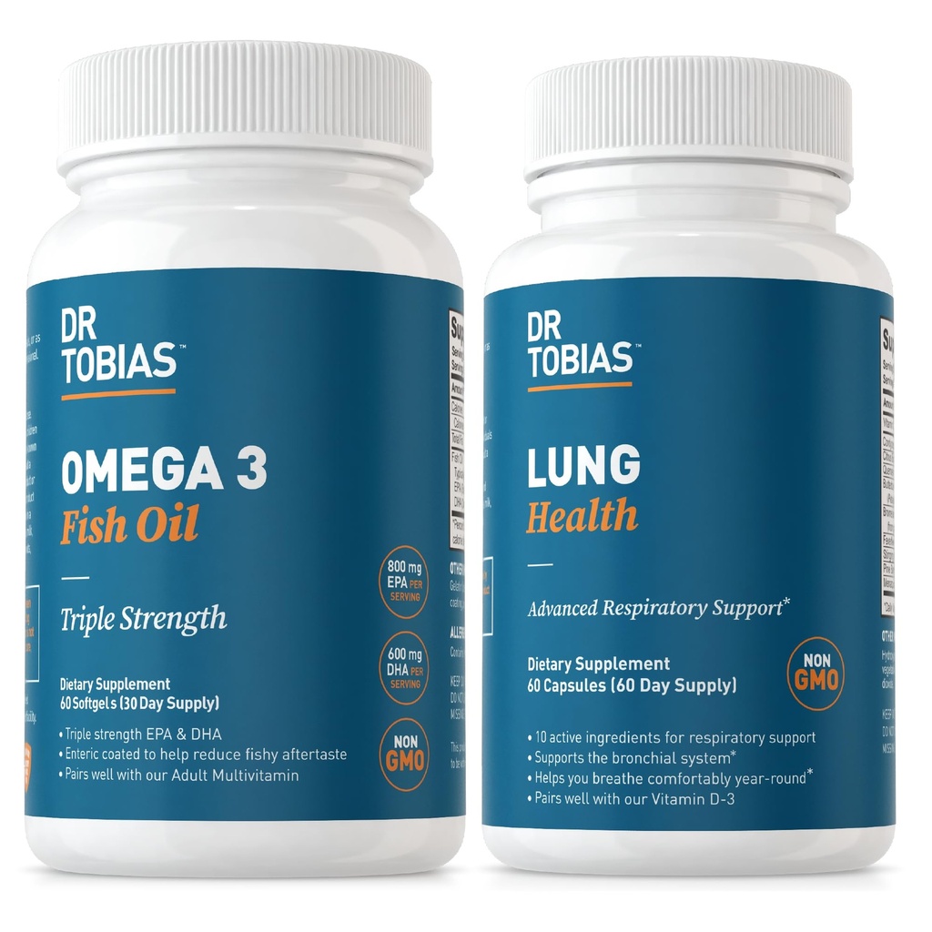 Dr. Tobias Omega 3 Fish Oil & Lung Health Supplements for Heart, Brain & Immune Support, Lung Cleanse & Detox Formula for Bronchial & Respiratory System, 60 Capsules