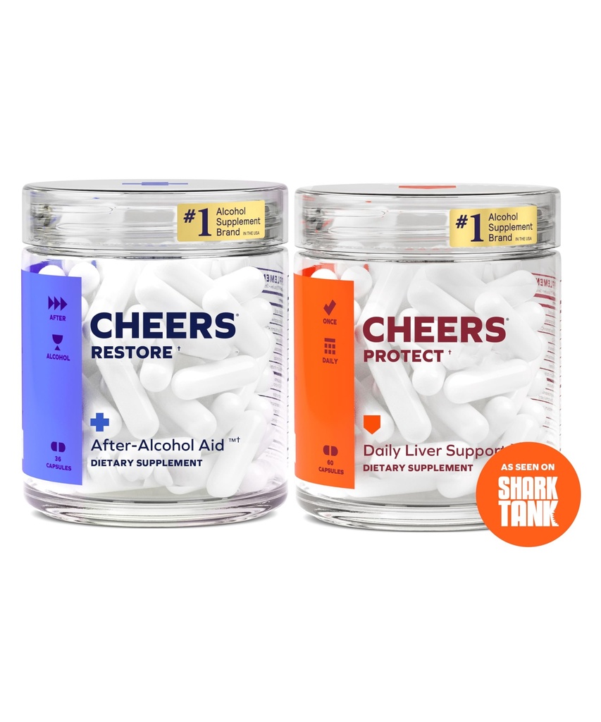 Cheers Liver Combo | Restore + Protect | Support Your Liver & Feel Better After Drinking | DHM, L-Cysteine, Milk Thistle, Prickly Pear, B-Vitamins | 12 Doses Restore, 30 Doses Protect | Supplements