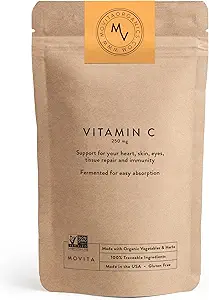 Movita Fermented Vitamin C 250mg – Immunity Booster, Antioxidant Protection, Aids Collagen Synthesis & Iron Absorption – Organic, Vegan, Gluten-Free, Non-GMO – 30-Day Supply (Eco-Friendly Pouch)