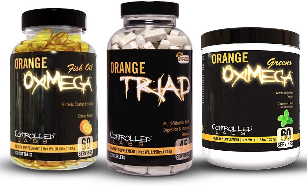 CONTROLLED LABS Bundle Includes 45 Servings of Orang Triad, Orange Oximega Greens Spearmint, and 120 Ct Orange Oximega Fish Oil Softgels