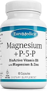 EuroMedica Magnesium + P-5-P - Bone & Heart Health Support Supplement - Dietary Supplement with Vitamin B6, Zinc & Magnesium - Pyridoxal-5-Phosphate Vegan Capsule Supplement - 60 Capsules