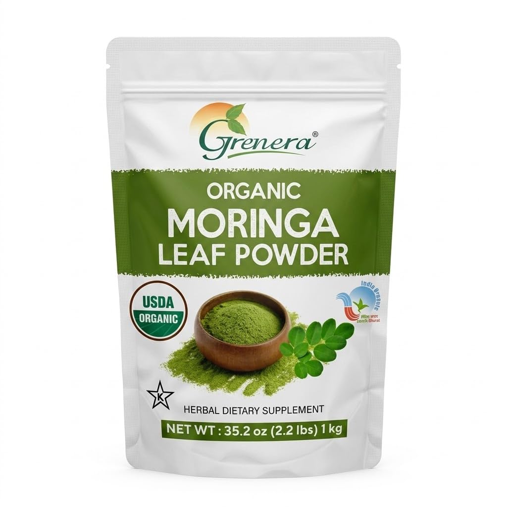 Grenera Organic Moringa Powder | Moringa Oleifera Leaf | Plant Based Ingredient | Lab Tested for Quality | Easy Mix for Smoothies, Drinks & Recipes | from Organic Farms in India | 2.2 lbs (1 kg)