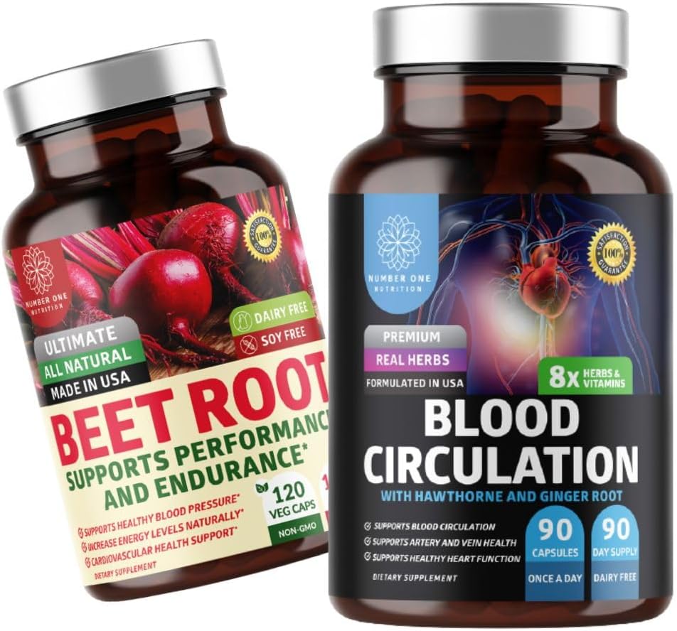 N1N Premium Blood Circulation Supplement [8 Powerful Herbs & Vitamins] and Organic Beet Root Capsules, 1300mg to support Heart Health, Blood Circulation, and Blood Pressure, 2 Pack Bundle