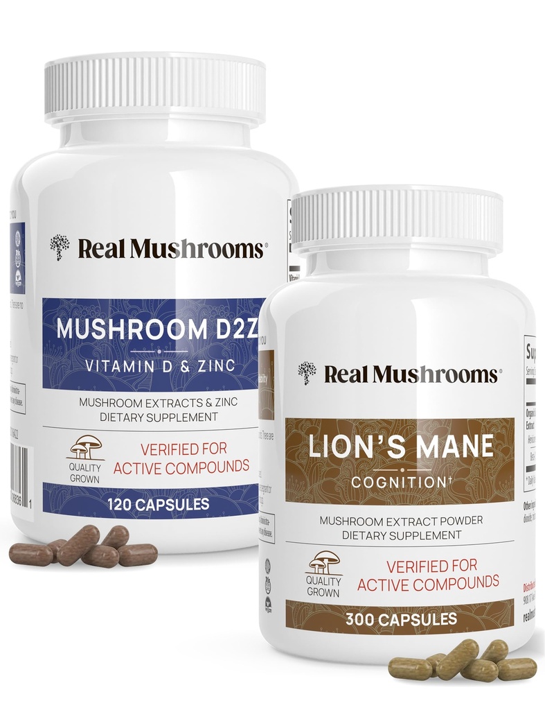 Real Mushrooms Vitamin D2, Zinc, Chaga, Reishi (120ct) and Lion's Mane (300ct) Bundle - Immunity and Cognitive Support, Chelated Zinc for Improved Absorption - Vegan, Gluten Free, Non-GMO
