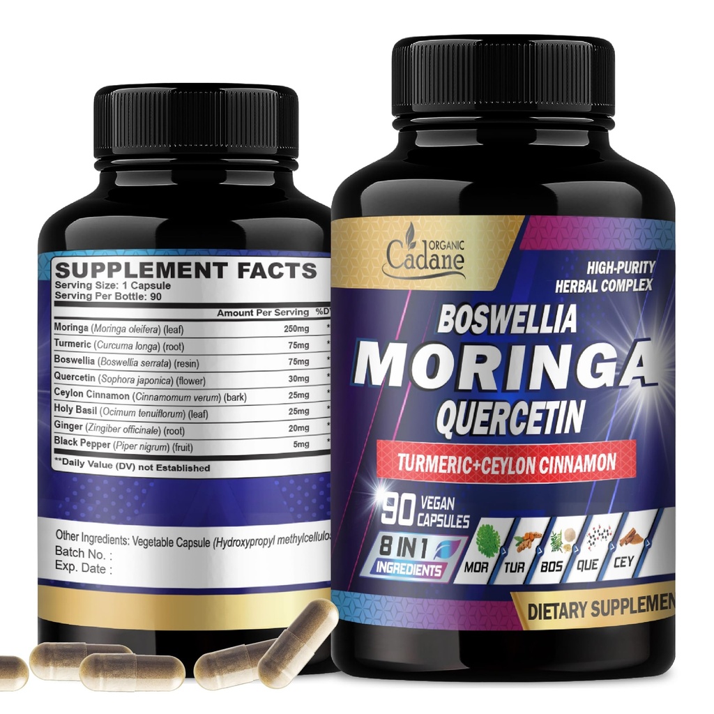 Organic Cadane Moringa Leaf with Turmeric, Boswellia, Quercetin, Ceylon Cinnamon, Holy Basil, Ginger, and Black Pepper - 8in1 Supplements - 90 Veggie Capsules for 3-Month Supply