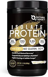 NATURE TARGET Whey Isolate Protein Powder, Unflavored, 25g Protein, Low Carb Protein Powder, Sugar-Free, for Men & Women, 5.5g BCAAs, Rich in Fibers & Minerals, 1.1 Pound (500g)