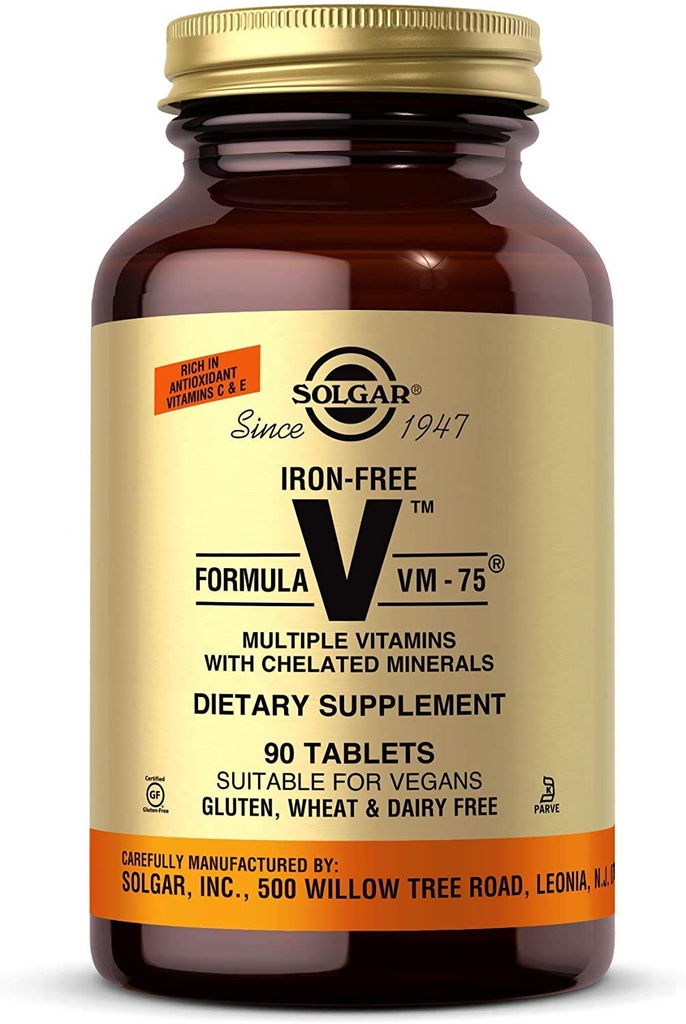 Solgar Iron-Free Formula VM-75, 90 Tablets - Multivitamin with Chelated Minerals - Vitamin A, B6, B12, C, D, E - Biotin, Magnesium, Calcium, Zinc - Vegan, Gluten & Dairy Free, Kosher - 90 Servings