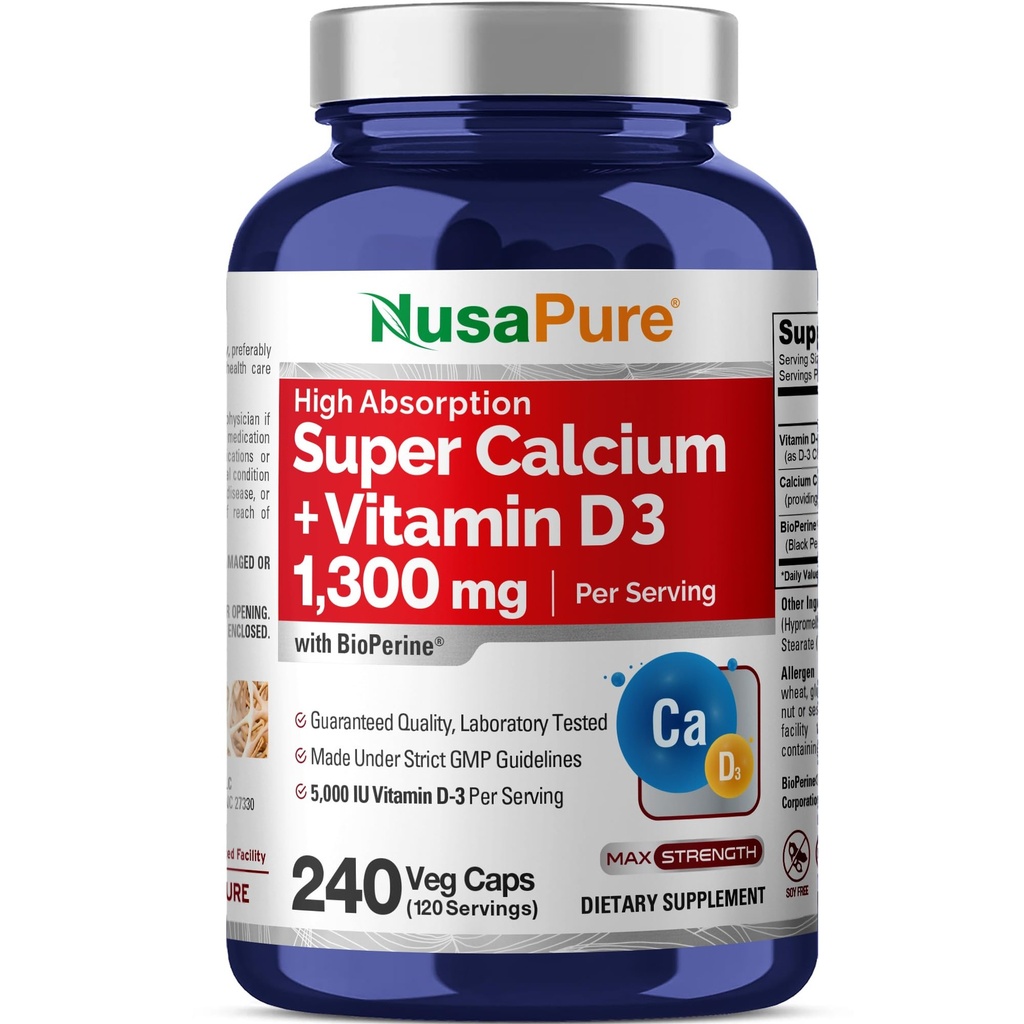 Super Calcium with Vitamin D3 Non GMO 1300 mg 240 Veg Capsules -120 Serves | Calcium Citrate Complex Supports Nutritional Supplementation,Vegan, Manufactured in the USA in a cGMP registered facility
