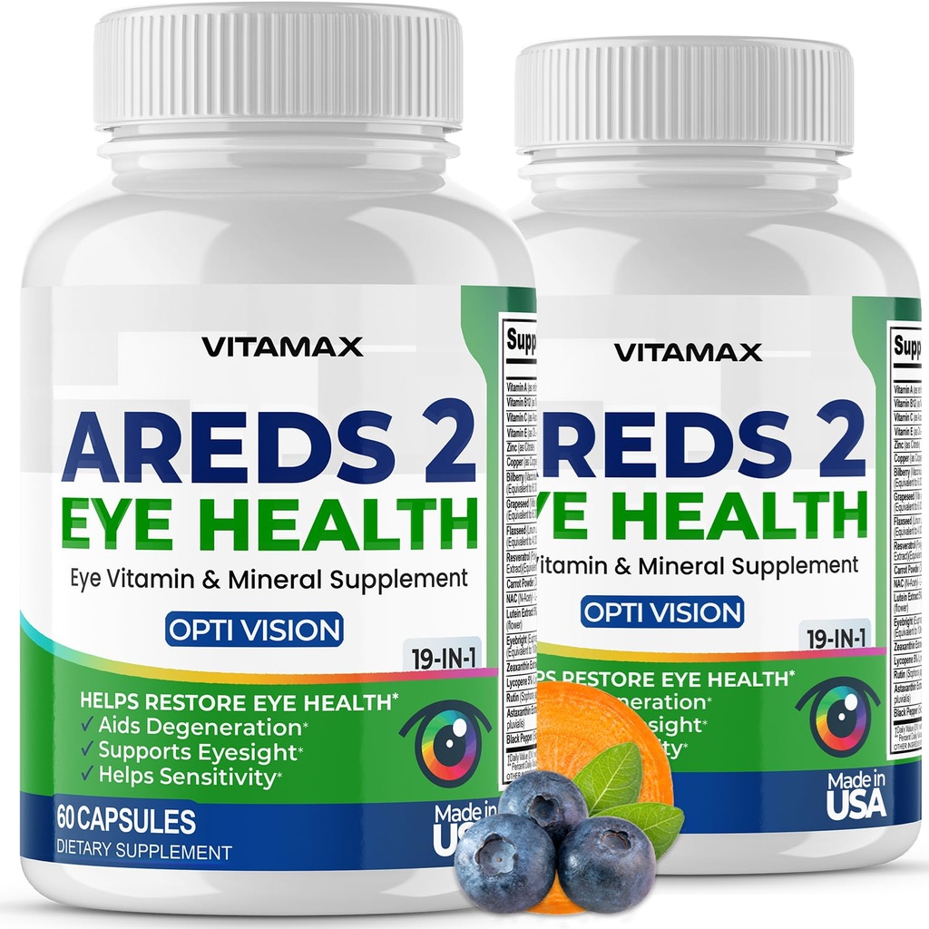 AREDS 2 Eye Vitamins - Lutein, Zeaxanthin, Bilberry, Astaxanthin Mineral Vision Supplement - Supports Eye Strain, Dry Eyes, Pressure, and Vision Health - Made in USA - 120ct