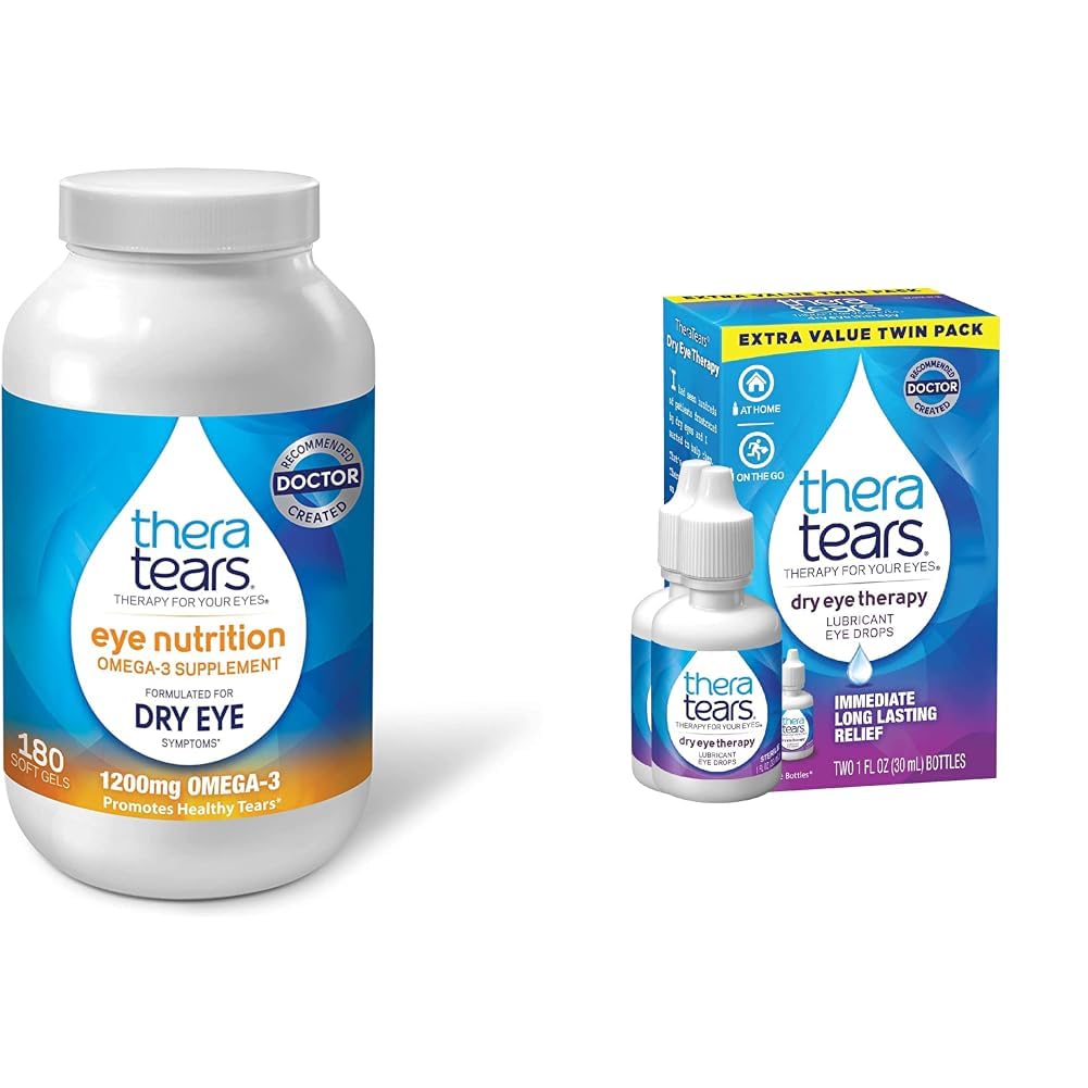 TheraTears 1200mg Omega 3 Supplement for Eye Nutrition, Organic Flaxseed Triglyceride Fish Oil and Vitamin E, 180 Count & Dry Eye Therapy Lubricating Eye Drops for Dry Eyes, 1 fl oz Bottle Twin Pack