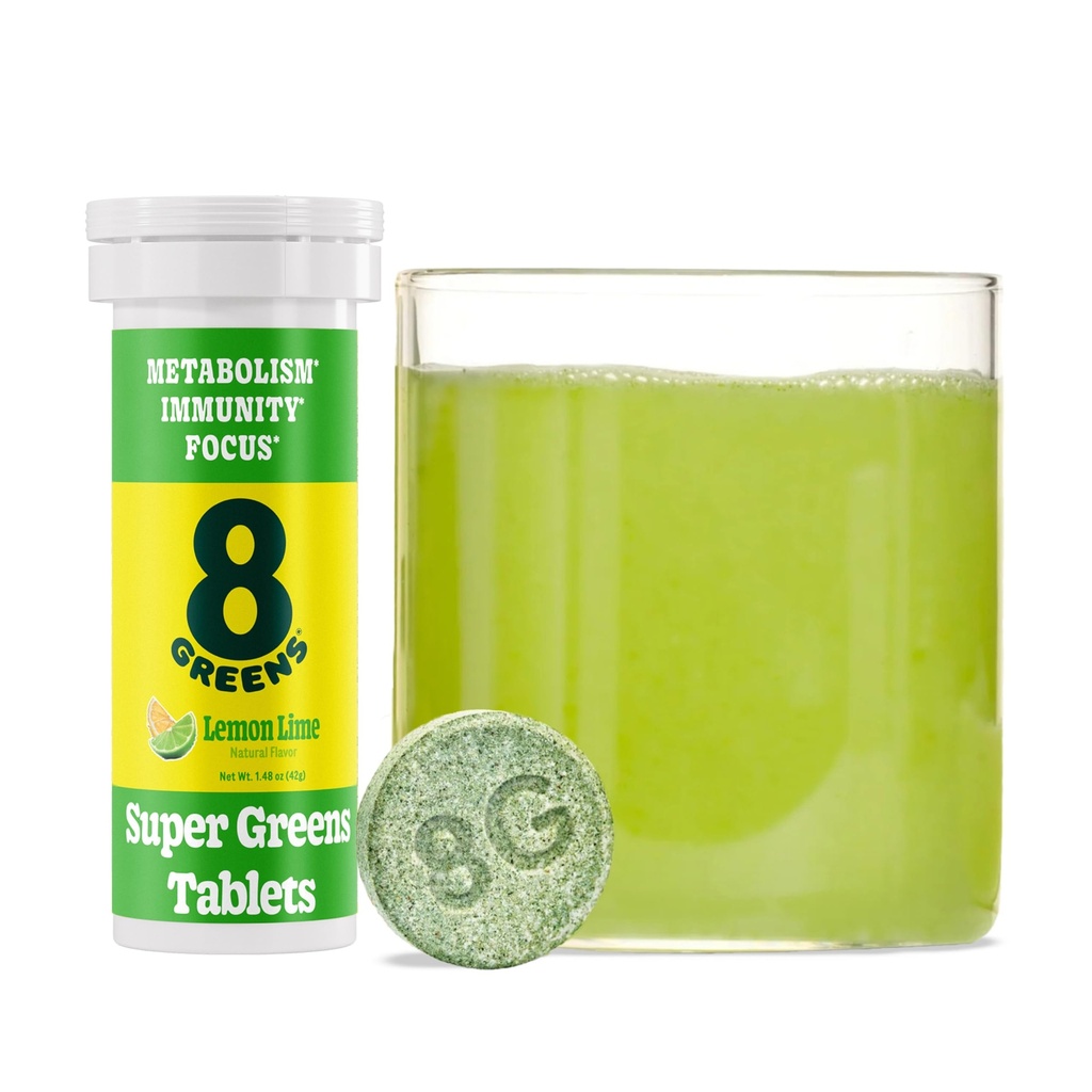 8Greens Supergreens Effervescent Tablets, Lemon Lime, 10 Servings | Boosts Metabolism, Immunity & Focus; Contains Aloe vera, spirulina & chlorella; Vitamins C, B6, B12 & folate; Doctor-Backed