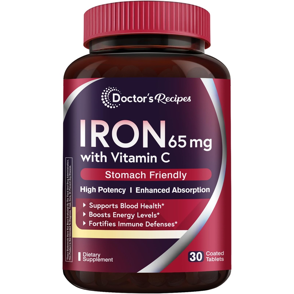 Doctor's Recipes Iron Supplement 65 mg with Vitamin C - Maximized Absorption & Stomach Friendly Iron Pills for Red Blood Cells Formation, Heart, Brain & Immunity Health - Vegan Non-GMO 30 Iron Tablets