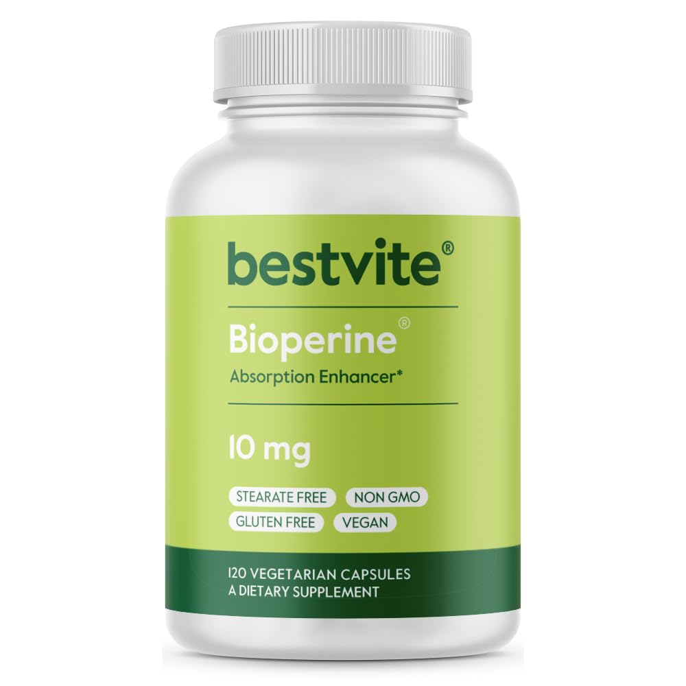 BESTVITE Bioperine 10mg (120 Vegetarian Capsules) - No Stearates - Vegan - Non GMO - Gluten Free - Absorption Enhancer