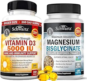 High Strength Vitamin D3 5000 IU 125 mcg (1 Year Supply) Plus High Absorption Magnesium Bisglycinate Capsules (2 Month Supply)
