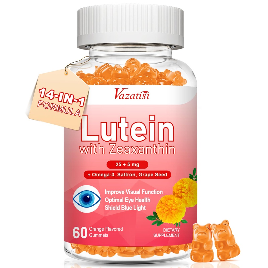 Lutein and Zeaxanthin Supplements Gummies, Advanced Eye Vitamin Supplement with Bilberry, Saffron, Grape Seed, Omega 3 for Macular Health, Dry Eye, Visual Function - Orange Flavor, 60 Count