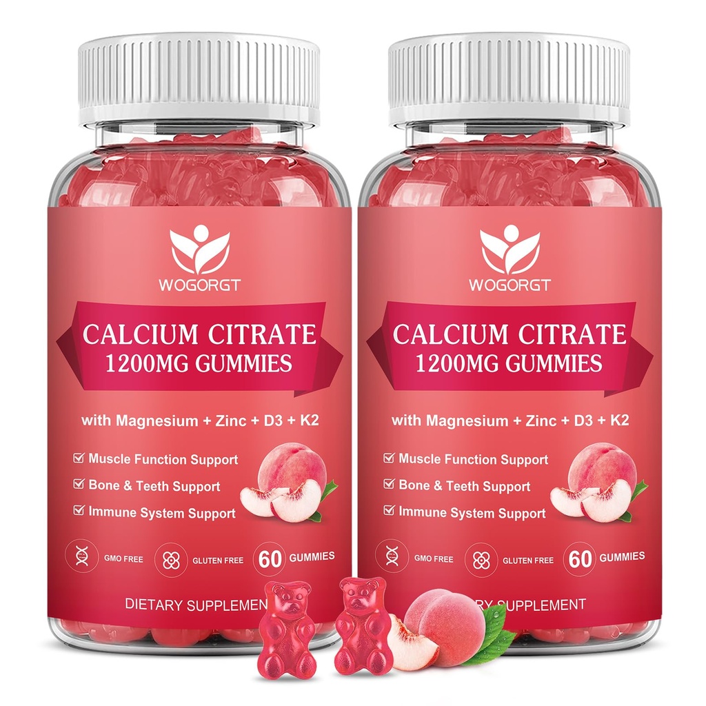 Calcium Citrate 1200mg Gummies with Vitamin D3, K2 - Chewable Calcium Magnesium Zinc d3 Supplement with Sea Moss Extract for Bone, Teeth, Immune Support for Women & Men, Peach Flavor-60 Gummies(2Pack)