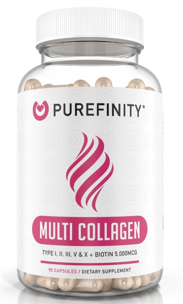 PUREFINITY Collagen Peptides for Women – Type I, II, III, V & X with Biotin & Hyaluronic Acid, Supports Healthy Skin, Bones, Hair & Nails – Non-GMO, Grass-Fed (90 Capsules, 1 Month Supply)