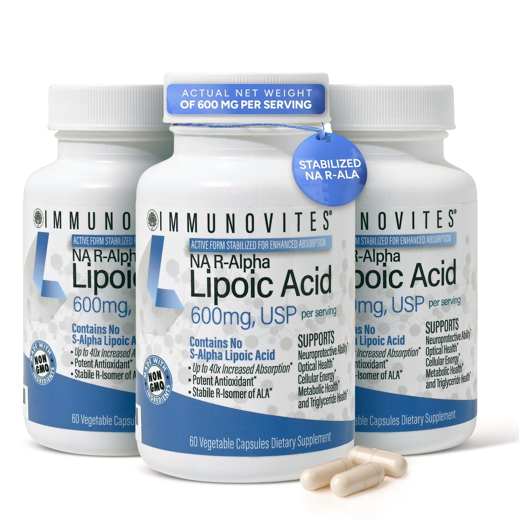 IMMUNOVITES 3-Pack Stabilized R-Alpha Lipoic Acid ((True)) 600mg per Serving [[High Potency & up to 40x Increased Absorption]] (Na R-ALA) (Na R-LA) (Na R-Lipoate) (3 Bottles)