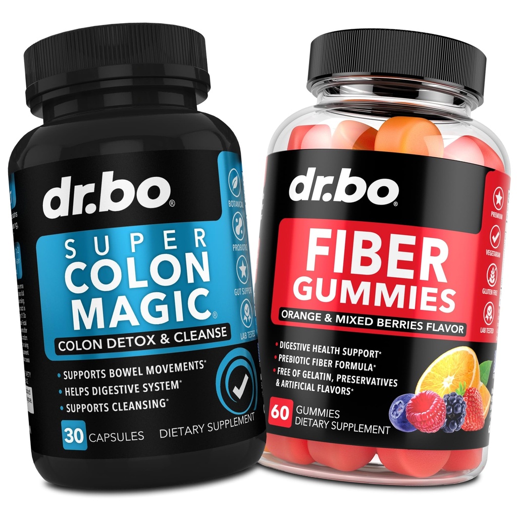 DR. BO Fiber Gummies & Colon Cleanse Supplements - Tasty Gummy Prebiotic Fiber Supplement - Super Colon Magic Bowel Movement Support for Gut & Stomach Cleansing