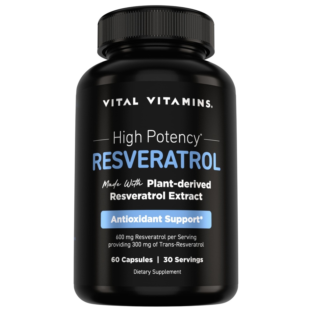 Vital Vitamins Resveratrol Supplement - Antioxidant Support, Cellular Longevity, Cognitive Function - 60 Capsules