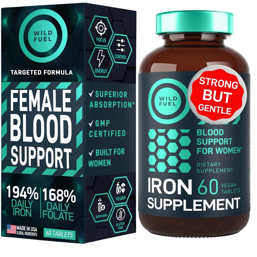 Iron Supplement for Women with Folic Acid - 35 mg Blood Builder Ferrous Sulfate, Folic Acid 400 mcg - Iron Pills for Women with Anemia & Pregnancy Support - 60 Gluten-Free, Vegan Vitamin Tablets