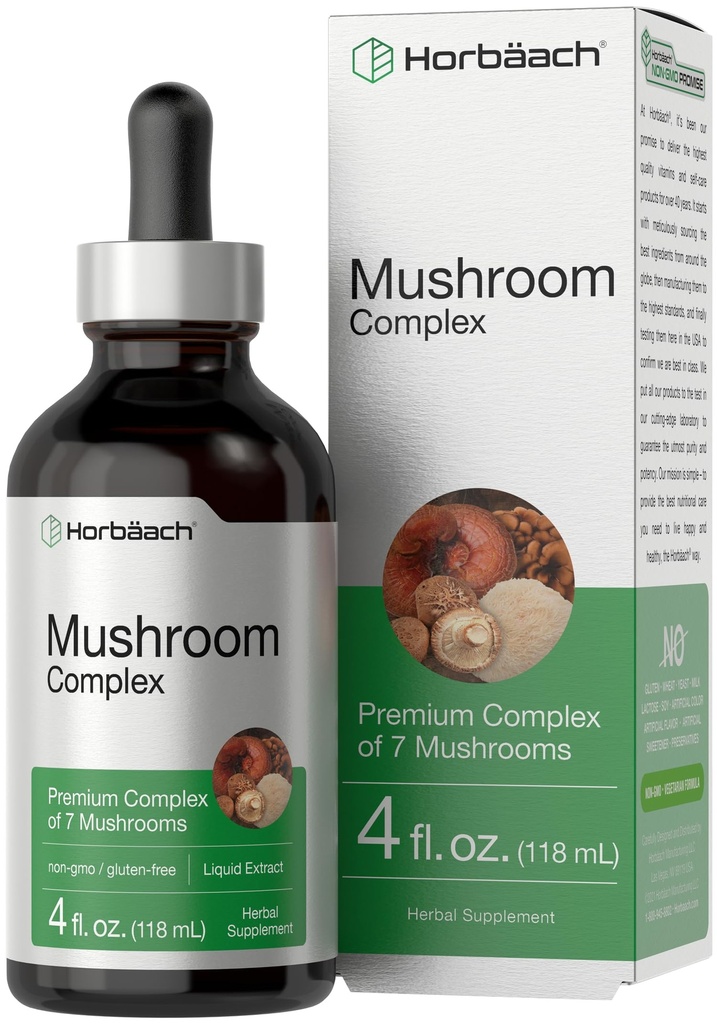Horbäach Mushroom Complex | 4 Fl Oz Herbal Liquid Drops | Lion's Mane, Reishi, Shiitake, Chaga, Cordyceps, Maitake, and Oyster Mushroom Supplement Blend | Vegetarian | Non-GMO, Gluten Free Formula