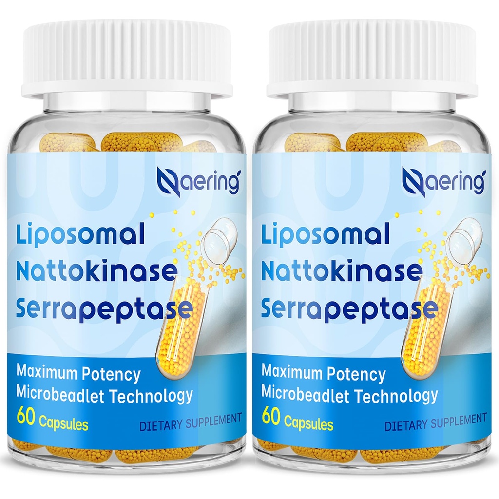Liposomal Nattokinase 12,000 FU Serrapeptase 360,000 SPU Enzyme Supplement - Enriched with Synergistic Enzymes and Nutrient Blend & Inulin for Circulatory, Gut, Digestion 60 Capsules (2 Bottle)