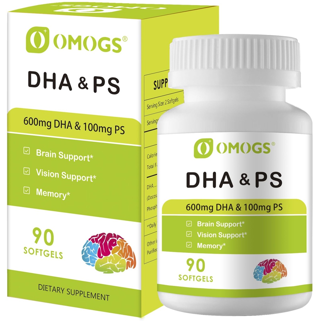 OMOGS Algae DHA - 600 mg Omega-3 DHA Softgels, with Phosphatidylserine & Walnut Oil, Supports Healthy Brain Function, Vision, Eye & Memory, Gluten Free, Non-GMO, 90 Softgels