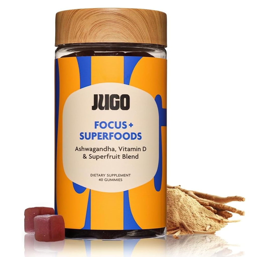 JUGO Focus + SUPERFOODS Ashwagandha Gummies with Vitamin D3 & Superfruit Blend, Vegetarian-Friendly Focus Supplement with Adaptogens, Gelatin-Free and Gluten-Free, Non-GMO, Made in USA, 40 Coun