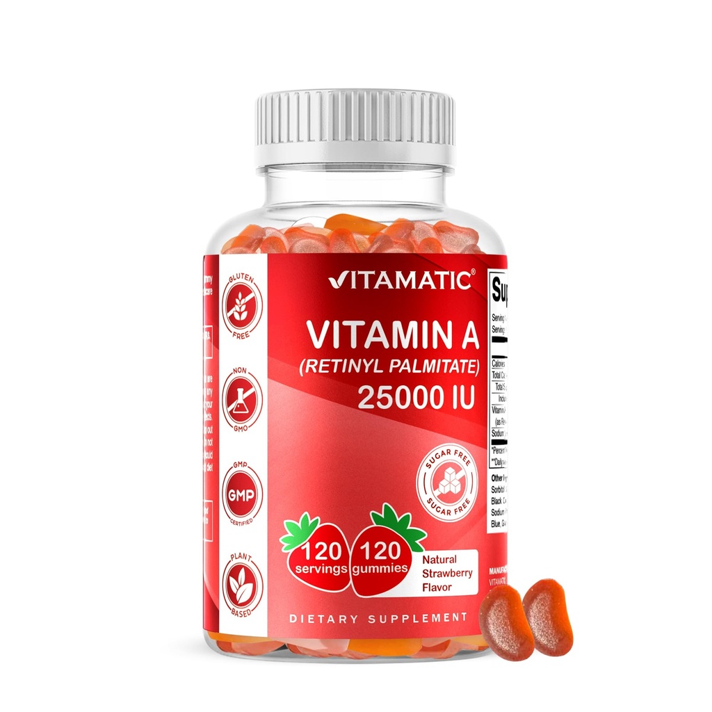Vitamatic Sugar Free Vitamin A 25000 IU Gummies (Retinyl Palmitate) - Natural Strawberry Flavor - 120 Pectin Based Gummies (1 Bottle)