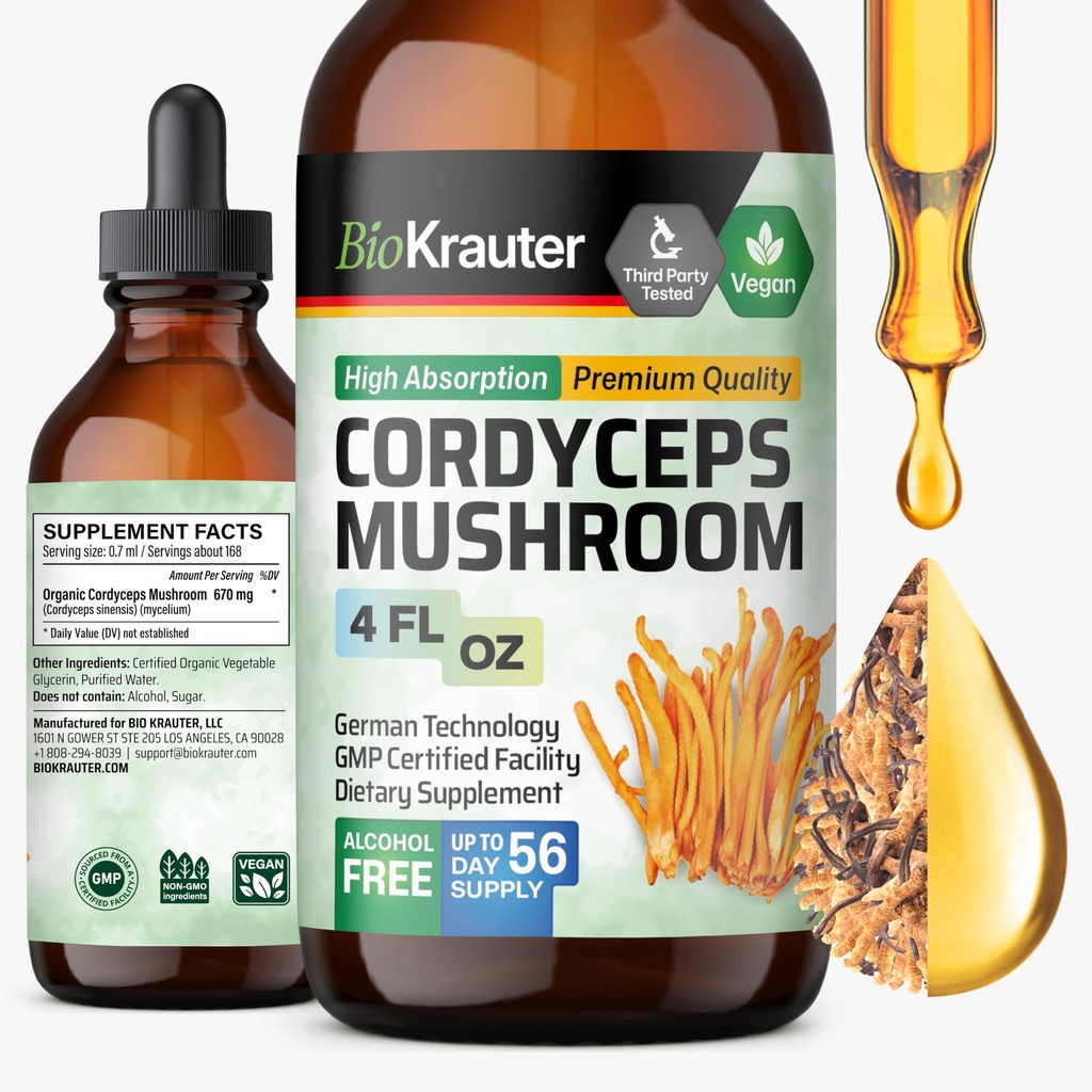 BIO KRAUTER® Cordyceps Mushroom for Energy Support - Vegan Mushroom Supplement Cordyceps Sinensis Extract 670 mg per Serving for Immune & Daily Wellness, 4 Fl.Oz., 56-Day Supply, Alcohol & Sugar Free