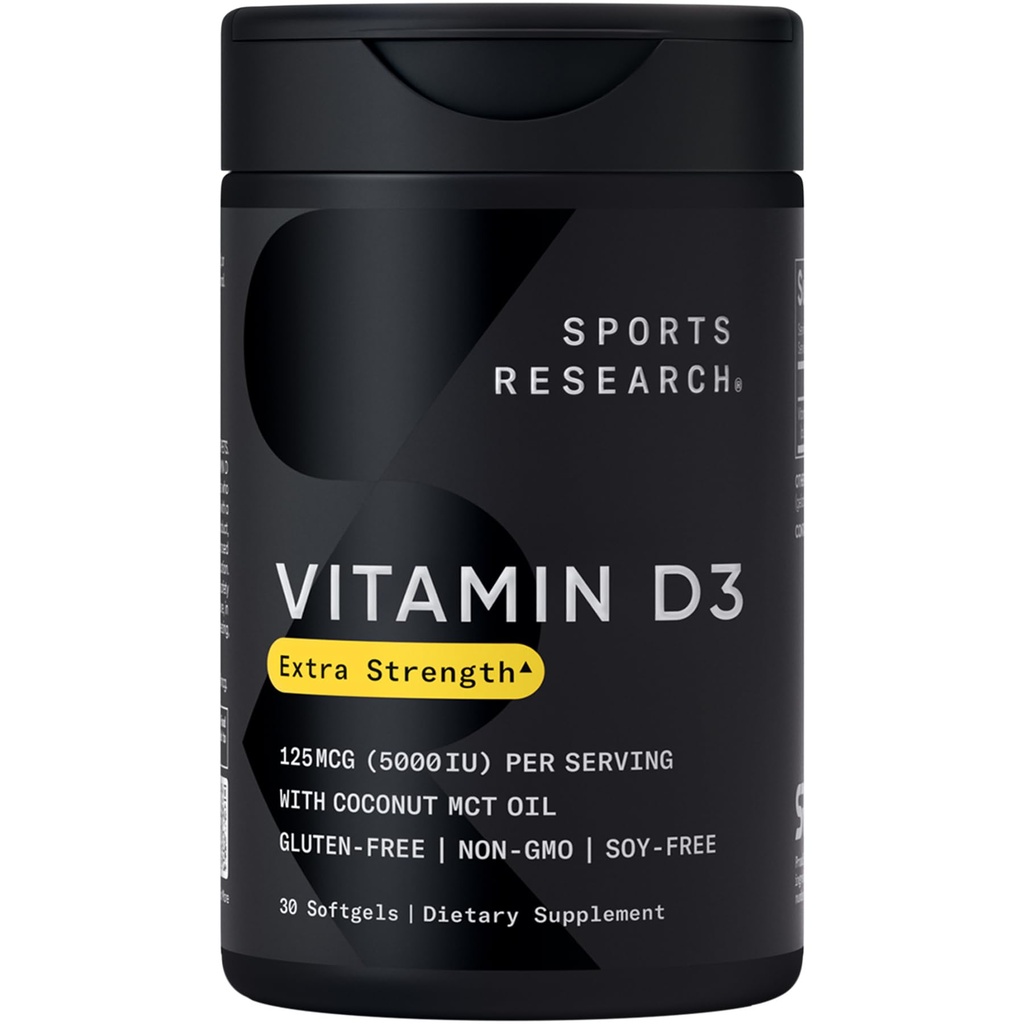 Sports Research Vitamin D3 5000 IU with Coconut MCT Oil - Extra Strength Vitamin D Supplement - Non-GMO Verified, Gluten & Soy Free – 125mcg, 30 Liquid Softgels